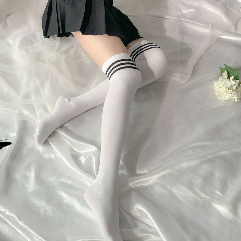 College Style Cotton Thick Striped Long Three-Stripe Over-the-Knee High Student Socks Anime_voghion.com