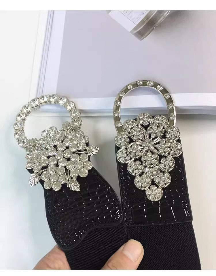 Einfacher, vielseitiger, mit Strass verzierter, elastischer, breiter Gürtel für Damenmode_voghion.com