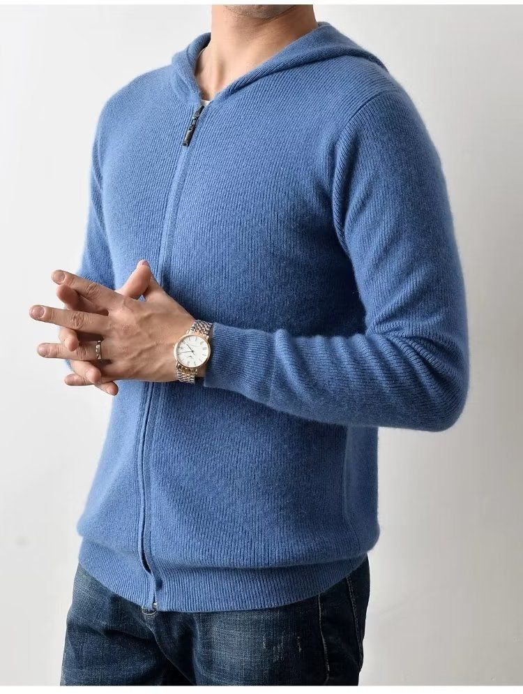 Men's Cashmere Hooded Cardigan – Soft Knit Zipper Sweater (Light Blue/Black/Grey/Dark Blue, Sizes M-3XL)_voghion.com