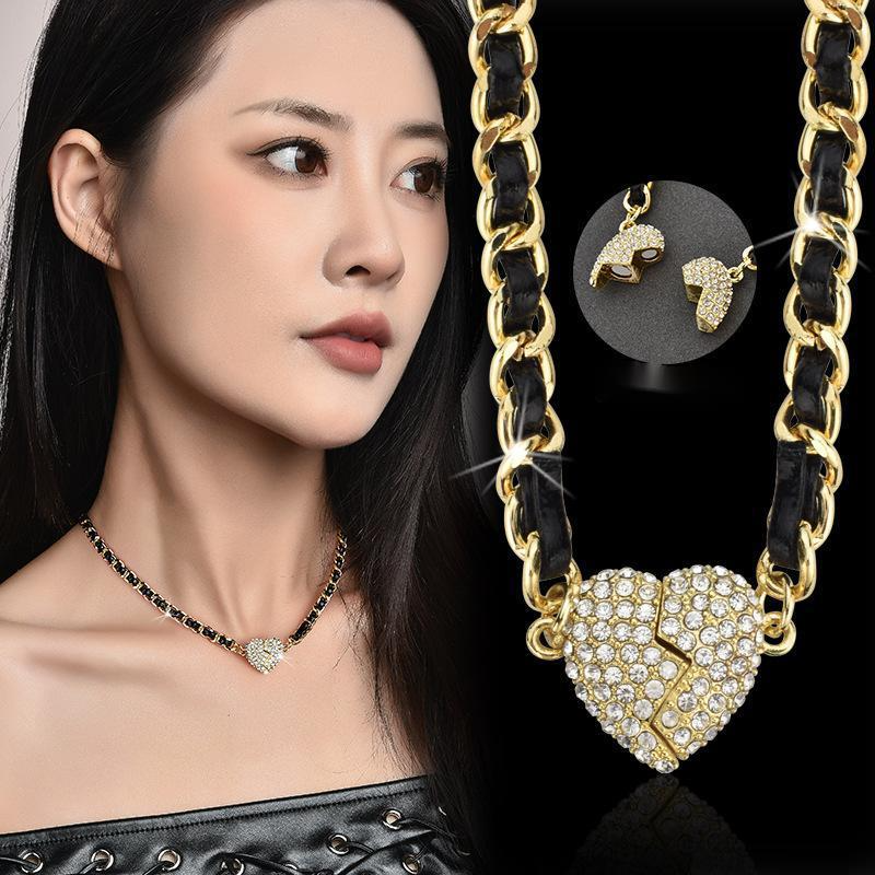 Sensazione di lusso leggero e di alta qualità, collana magnetica a forma di cuore con intarsi di diamanti da donna, piccola collana profumata intrecciata_voghion.com