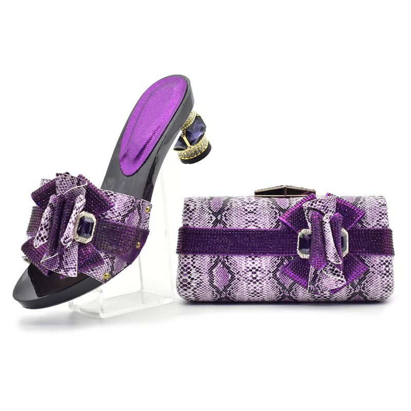 Scarpe con tacco alto da donna con decorazione a fiocco, pantofole con diamanti caldi, set di borse con motivo a serpente_voghion.com