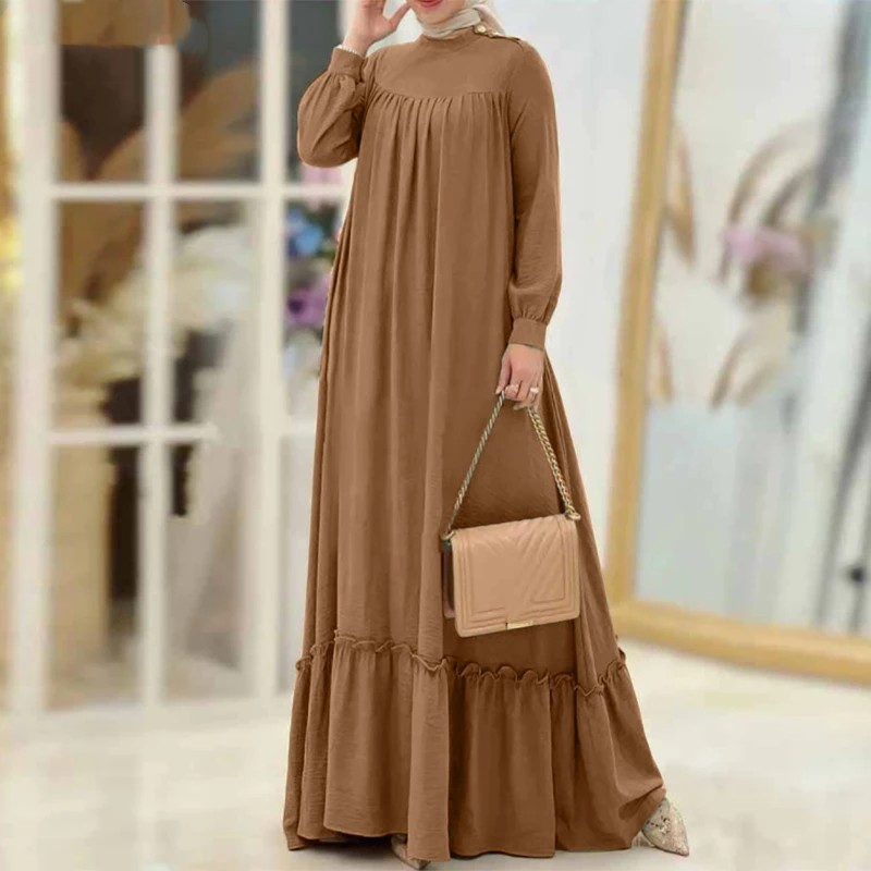 Women's Elegant Solid Color Ruffle Hem Tank Top Autumn Fashion Long Sleeve Maxi Muslim Dress Robe_voghion.com