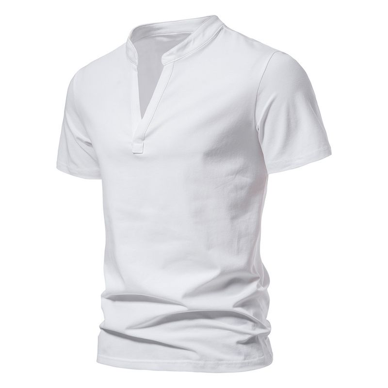 2025 New Men's Deep V-neck Short Sleeved Elastic Base Shirt Summer Small Stand Up Collar T-shirt Top_voghion.com