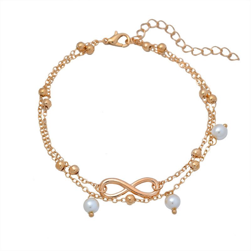 Modisches doppellagiges Perlen-Fußkettchen für Damen, Sommer-Nischen-Design, hochwertiger, schlichter, glänzender Fußschmuck_voghion.com