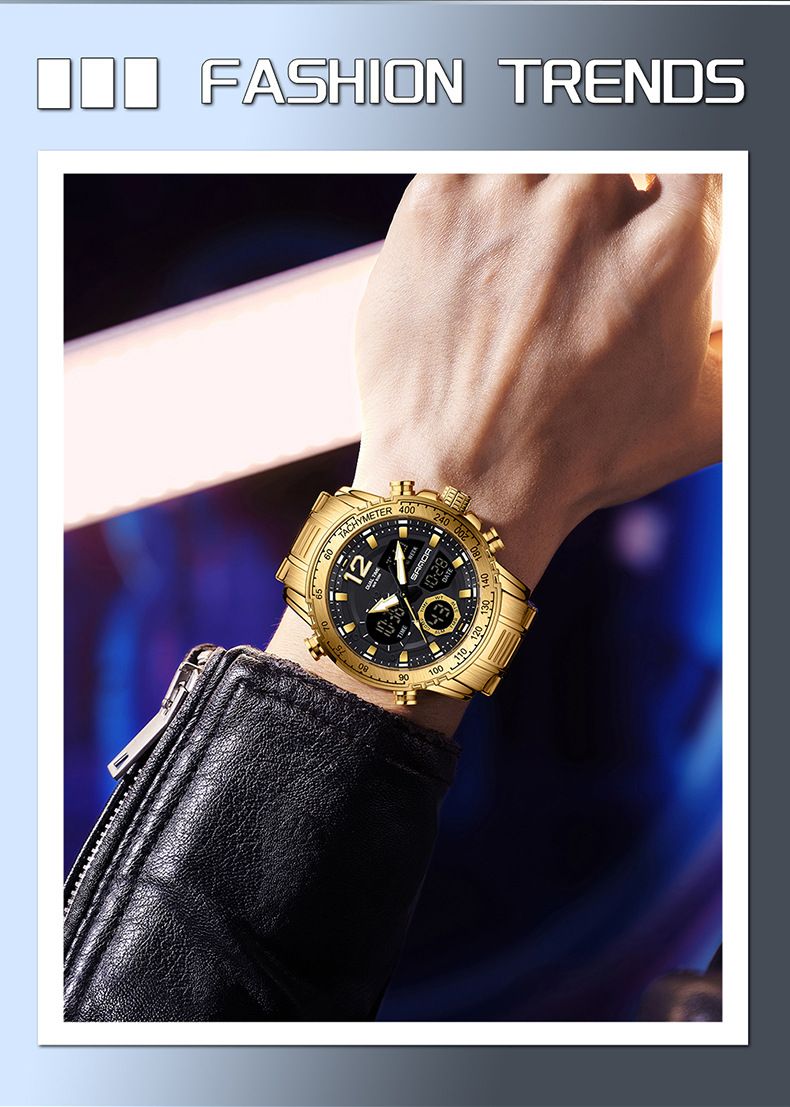 Multi-Function Digital Watch With Stainless Steel Band Waterproof, Luminous, Dual Time, Stopwatch, Alarm, Calendar Sporty Stylish Round Dial Watch_voghion.com