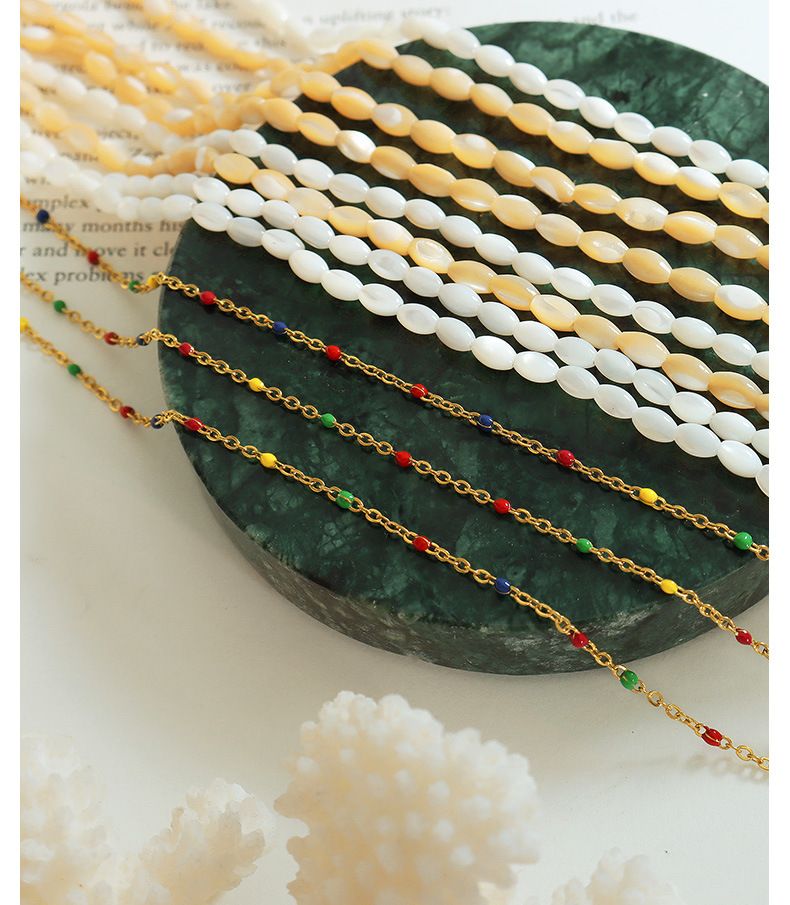 Women's Jewelry Tropical Seashell Beaded Double Layer Necklace With Colorful Enamel Drops, Geometric Design, Titanium Steel, 16-20 Inches_voghion.com