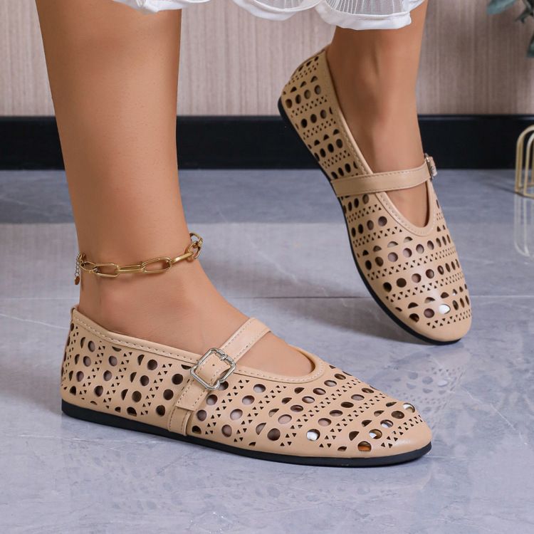 Plus Size Shallow Mouth One-Strap Hollow Round Toe Flat Ballet Women's Leather Shoes_voghion.com
