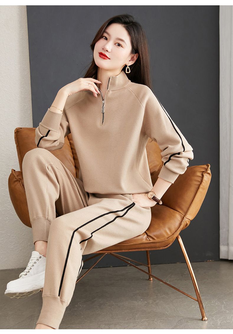 Conjunto feminino de duas peças com suéter folgado e meio zíper, modelo 2022, perfeito para a primavera e o outono._voghion.com