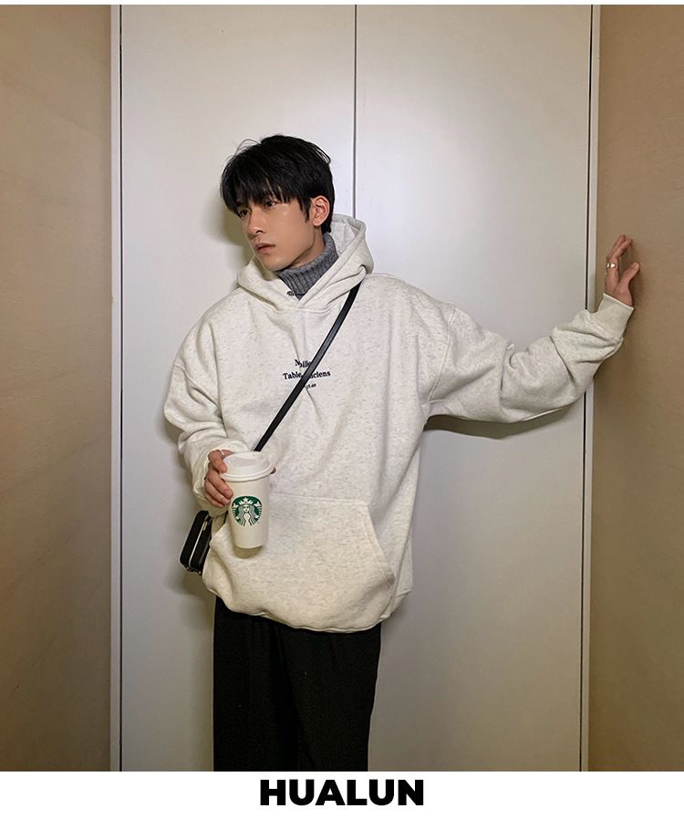 Maglione con cappuccio grigio chiaro americano da uomo, tendenza primavera e autunno, semplice, casual, pesante, rigido, con cappuccio_voghion.com