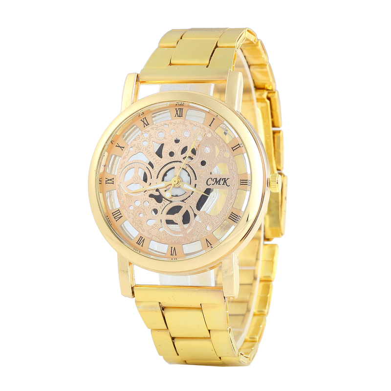 Orologio al quarzo alla moda da uomo con cinturino in acciaio, fondello trasparente cavo non meccanico, stile studentesco_voghion.com