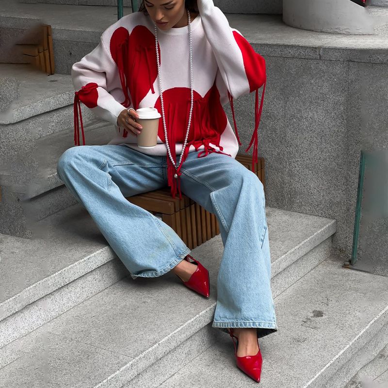 "Women's Heart Tassel Ribbon Color Block Knit Top, Street Style Ribbed Hem Pullover Sweater, Casual Round Neck T-Shirt For Spring & Autumn"_voghion.com