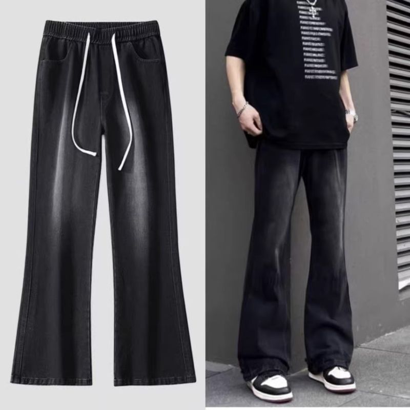 Men's Black Flared Jeans – Stretch Denim With Drawstring Waist & Fleece Lining (Gradient Black/Faded Black)_voghion.com