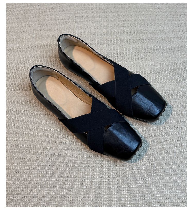 Lancui Version ~ Square Toe Pig Nose Cross Strap Ballet Shallow Mouth Flat Women's Elegant Mary Jane Single Shoes_voghion.com