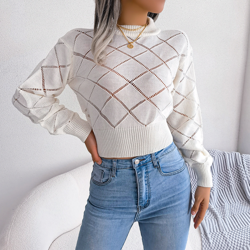 2024 Herbst und Winter Hohl Plaid Langarm Cropped Strickpullover Damenmode_voghion.com