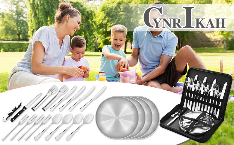 Camping Silverware Silver Picnic Plates And Utensils Set For 4 Portable Tableware Stainless Steel Flatware 20 Pieces With Organizer Bag Reusable_voghion.com