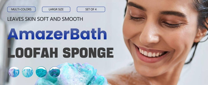 Éponge luffa AmazerBath 75 g/pièce, éponge de bain exfoliante pour le corps – Lot de 4 éponges luffa couleur fleur (grande, vert-violet)_voghion.com