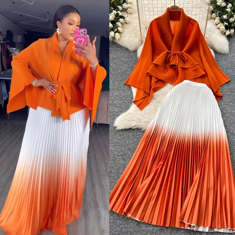 Ruffled Butterfly Sleeve Gradient Tie Cape Short Coat Top + Gradient Pleated Skirt Two-piece Suit_voghion.com