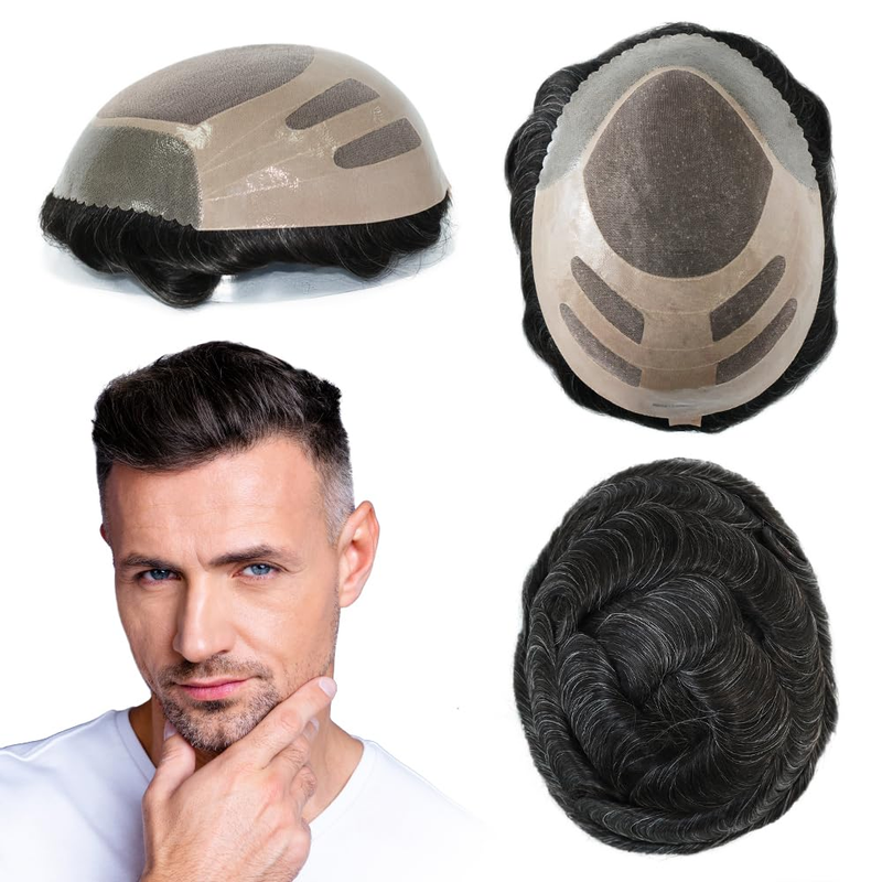 Bond Toupee For Men Human Hair Replacement System Fine Mono HairPieces Natural Hairline Real Mens Wig Black With 20% Grey Color #1B20_voghion.com