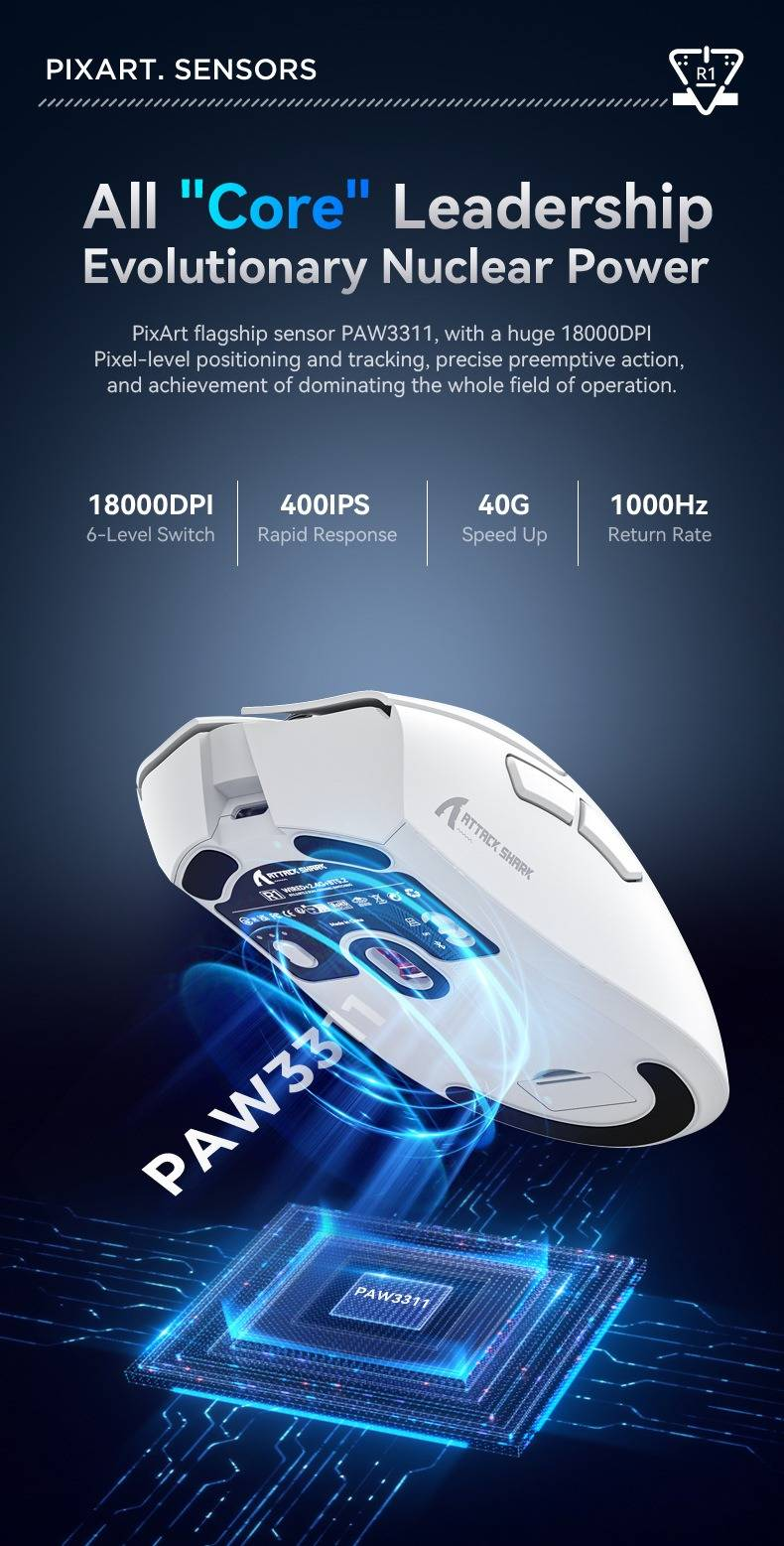 Mouse gamer ultraleve Attack Shark R1 59g - Sem fio/com fio (Bluetooth + 2.4G), 18.000 DPI máx., bateria de 65 horas com cabo trançado_voghion.com