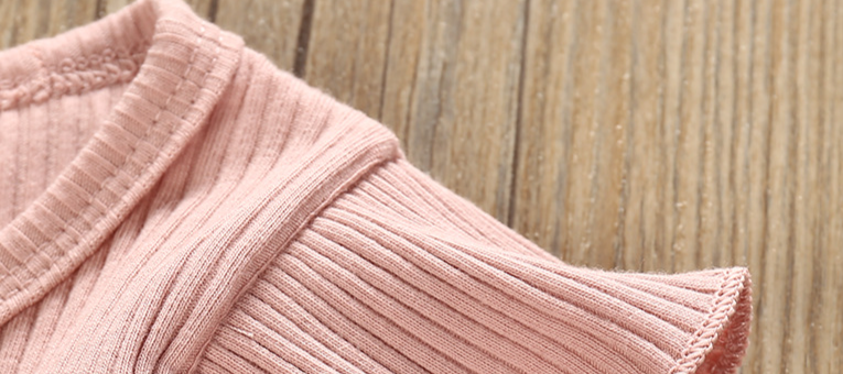 Girls' Ribbed Long-Sleeve Outfit – Pink Top With Flutter Sleeves & Black Striped Belted Pants (80-100cm, 1-3 Years)_voghion.com