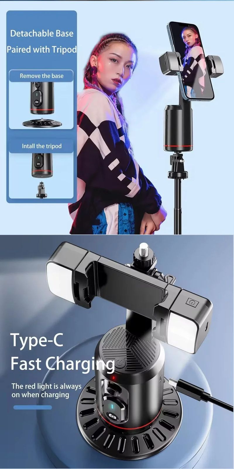 Treppiede intelligente AI con rilevamento automatico del viso, controllo dei gesti con rotazione a 360°, stabilizzatore cardanico, telecomando universale Bluetooth_voghion.com