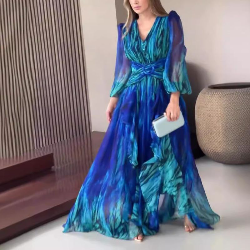 Elegantes Kleid mit langen Ärmeln und französischem Retro-Print für Damen_voghion.com