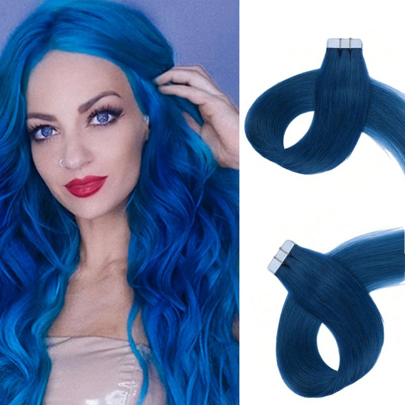 Extensiones de cabello con cinta adhesiva de color azul, largas y rectas, de 14 a 24 pulgadas, extensiones de cabello humano con cinta adhesiva, extensiones de cabello humano real con cinta adhesiva_voghion.com