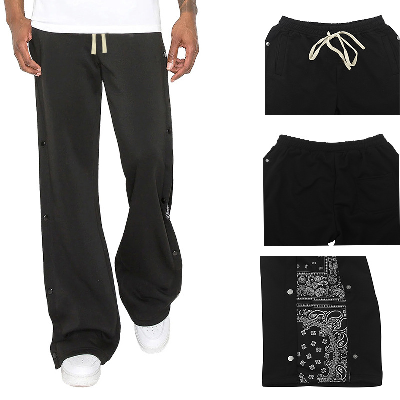 Spring/Summer High Street Double line Hip Hop Buckle Spor Casual for Men's Loose West Coast Cashew Flower Wide Leg_voghion.com