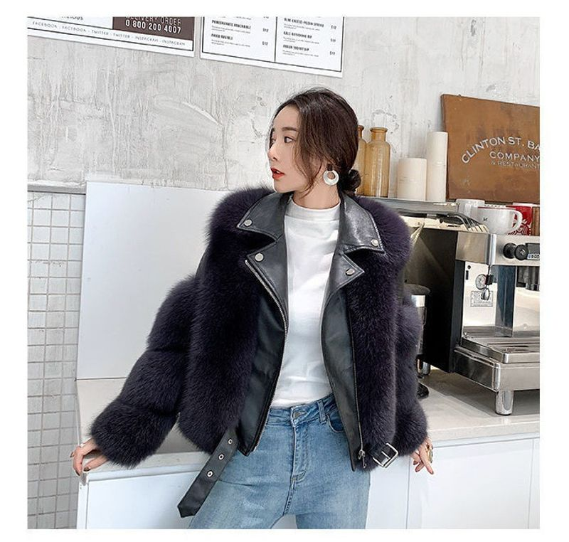 Moteriški drabužiai, madingas trumpas suklijuotas kailinis paltas, Haining, tiesūs plaukai, jaunatviškas stilius_voghion.com