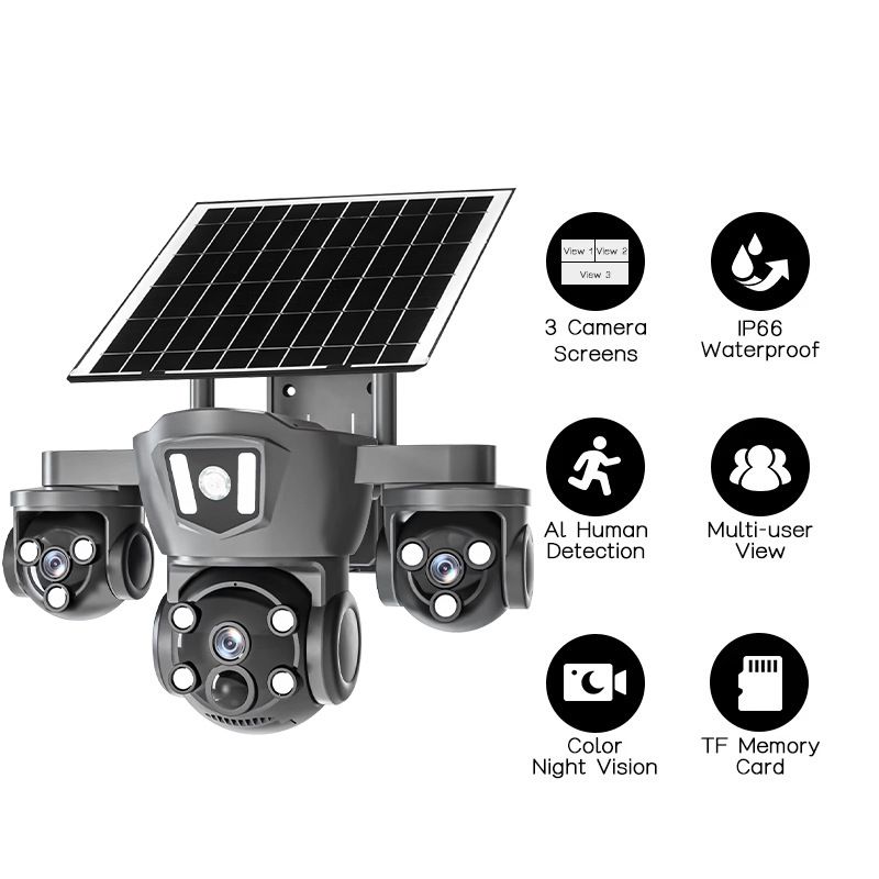 Câmera de segurança PTZ de 4 lentes alimentada por energia solar - WiFi/4G externo, Ultra HD, sem necessidade de fiação_voghion.com
