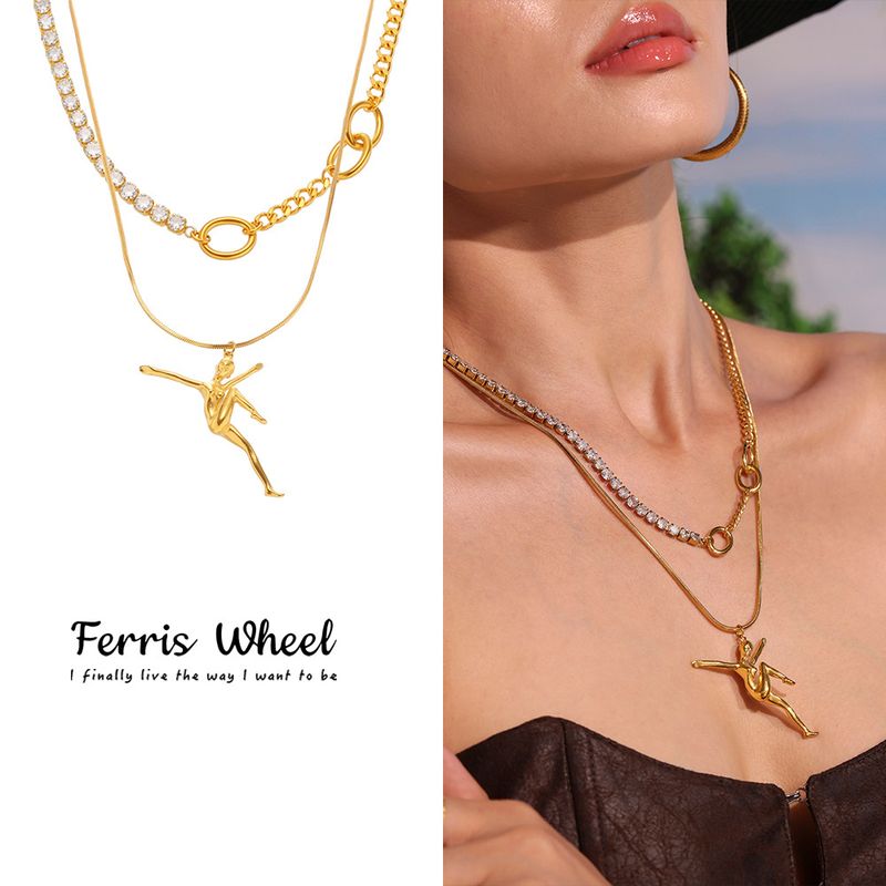 Collana a doppio strato con orso in acciaio inox e ruota panoramica per donna, gioielli da viaggio versatili e alla moda, unici_voghion.com