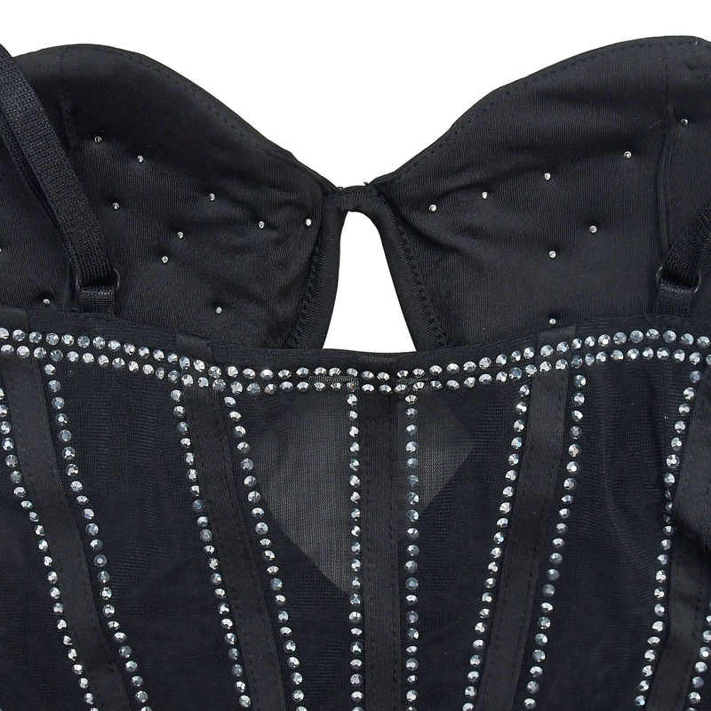 Einfarbiges Damen-Mesh-Strasskleid mit Hosenträgern, Neujahrsabendkleid_voghion.com