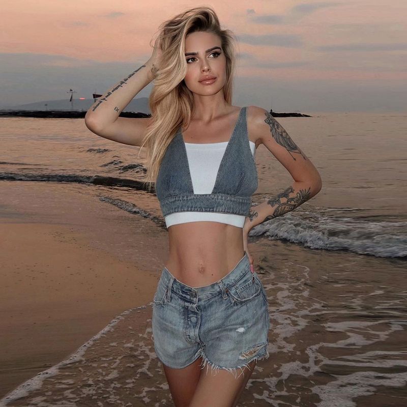 Women's Clothing Summer New Denim Washed Sexy Vest Back Buckle Top_voghion.com