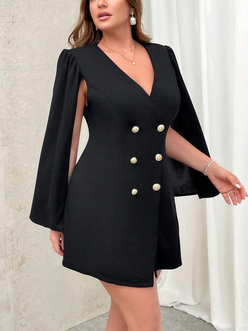 Vestido elegante plus size feminino em linha A com botões trespassados, decote em V, manga comprida, saia midi casual para outono e inverno_voghion.com