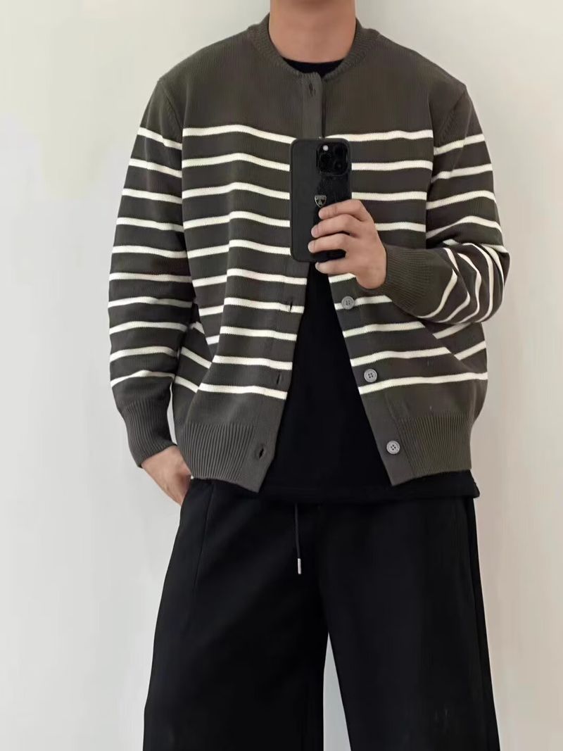 Gestreifter Damen-Strickpullover – Langärmliger, lässiger Mantel mit Knopfleiste vorne, offen, weich und bequem, trendiger College-Stil_voghion.com