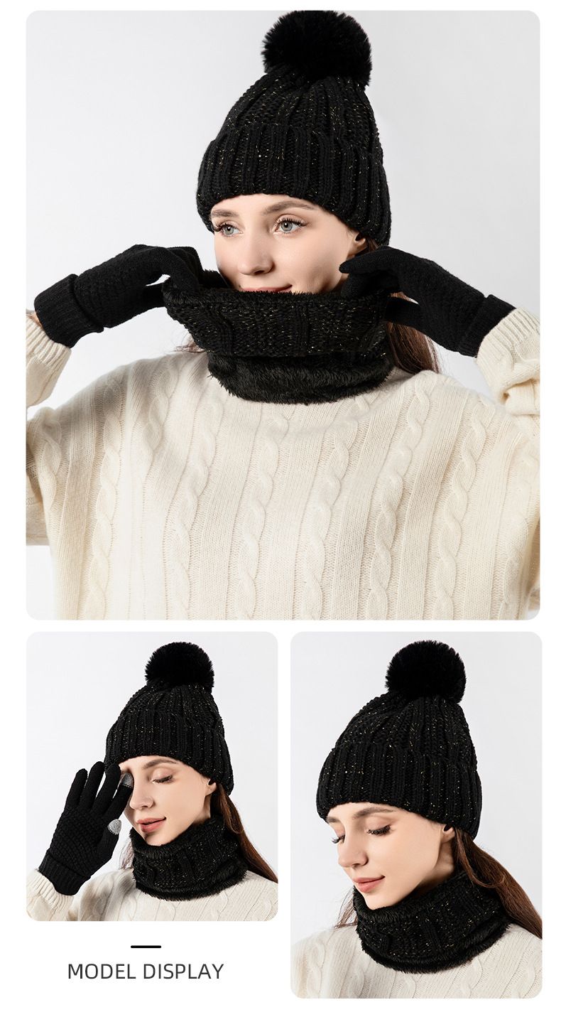 Women's Scarf Sets Winter Knitted Warm Gloves, Hat, And Scarf Three Piece Set With Fleece Lining And Thickened Cold Protection Hat_voghion.com
