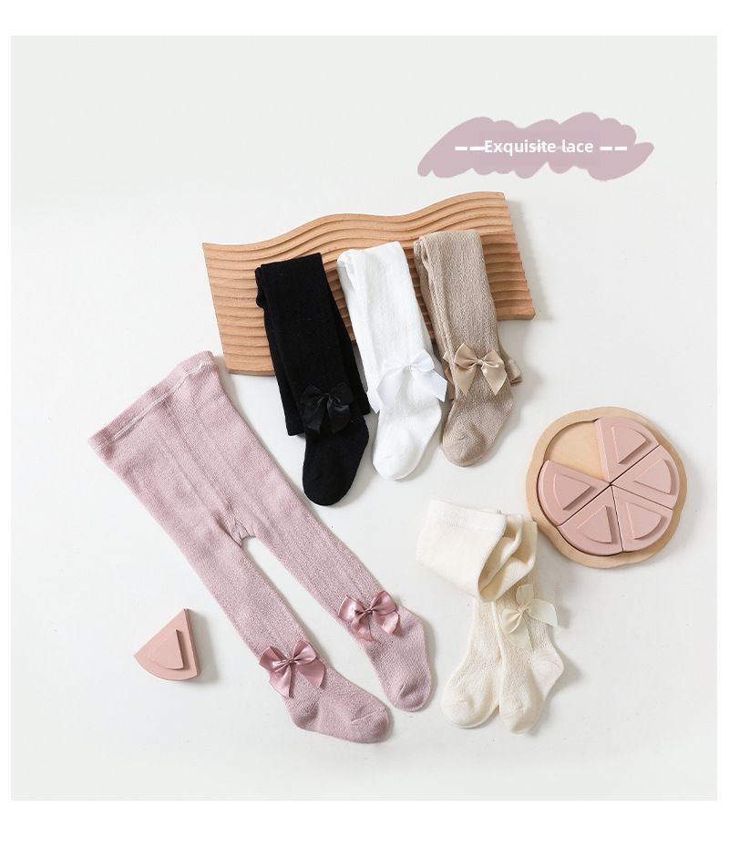 23 Frühjahr und Sommer Neue spanische Schleife Hohlstrumpfhosen gekämmte Baumwolle Big Bow Mädchen Leggings Prinzessin Socken_voghion.com