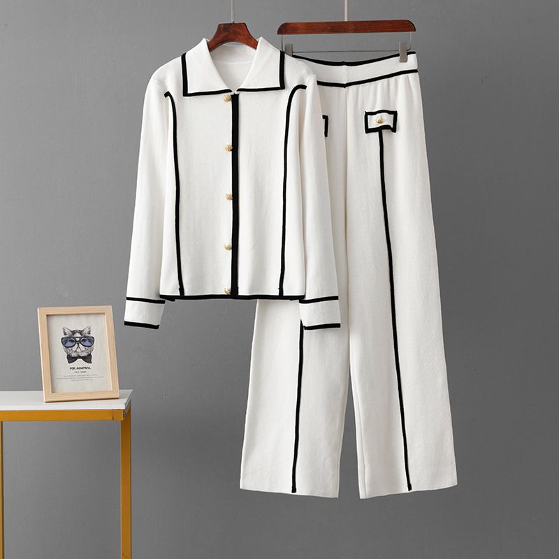 Knitted Autumn Winter Single-Breasted Polo Collar Sweater Casual Sports Wide-Leg Pants Two-Piece Set_voghion.com