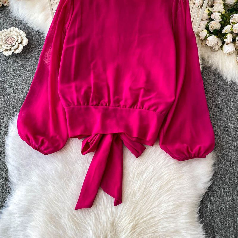 Zachte blauwe getailleerde top met pofmouwen + hoge taille slanke kanten cakerok, tweedelige set_voghion.com