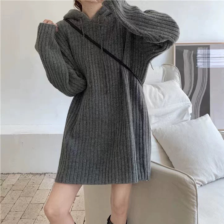 Middellange capuchontrui voor dames, 100% zuiver wollen trui, gebreide trui, herfst/winterjurk, nieuwe losse kasjmier basisjurk_voghion.com
