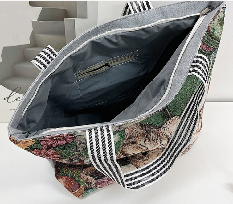 Gloednieuwe, geborduurde canvas enkele schouder modieuze schattige Kitty Dog eenvoudige damestas met grote capaciteit_voghion.com