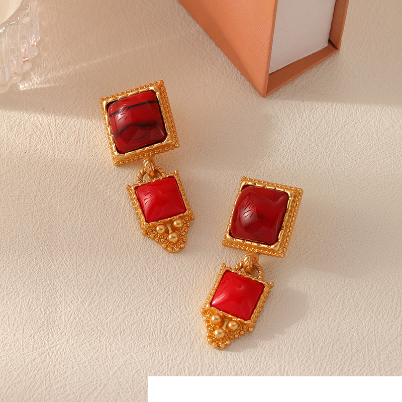 Orecchini geometrici in stile palazzo quadrato rosso medievale, di alta qualità, squisiti, leggeri e lussuosi, orecchini a spillo in argento retrò vintage_voghion.com