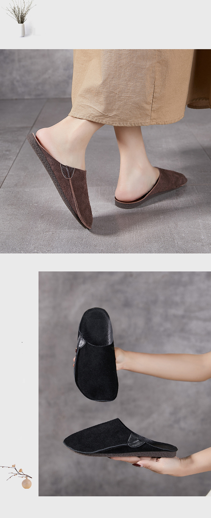Women’s Shoes New Top Layer Cowhide Half Slippers Casual Versatile Comfortable Thickened Soft Bottom Flat Sandals_voghion.com