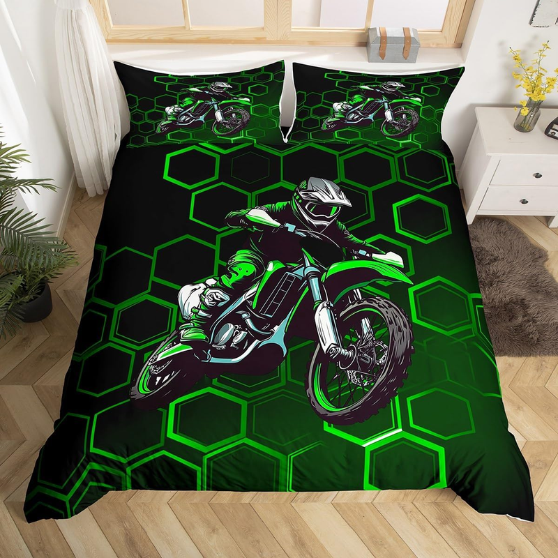 Juego de funda nórdica con diseño de motocross en panal verde, tamaño cuna, para hombre, juego de ropa de cama para deportes extremos, funda de edredón geométrica hexagonal con juego de camas de moto._voghion.com