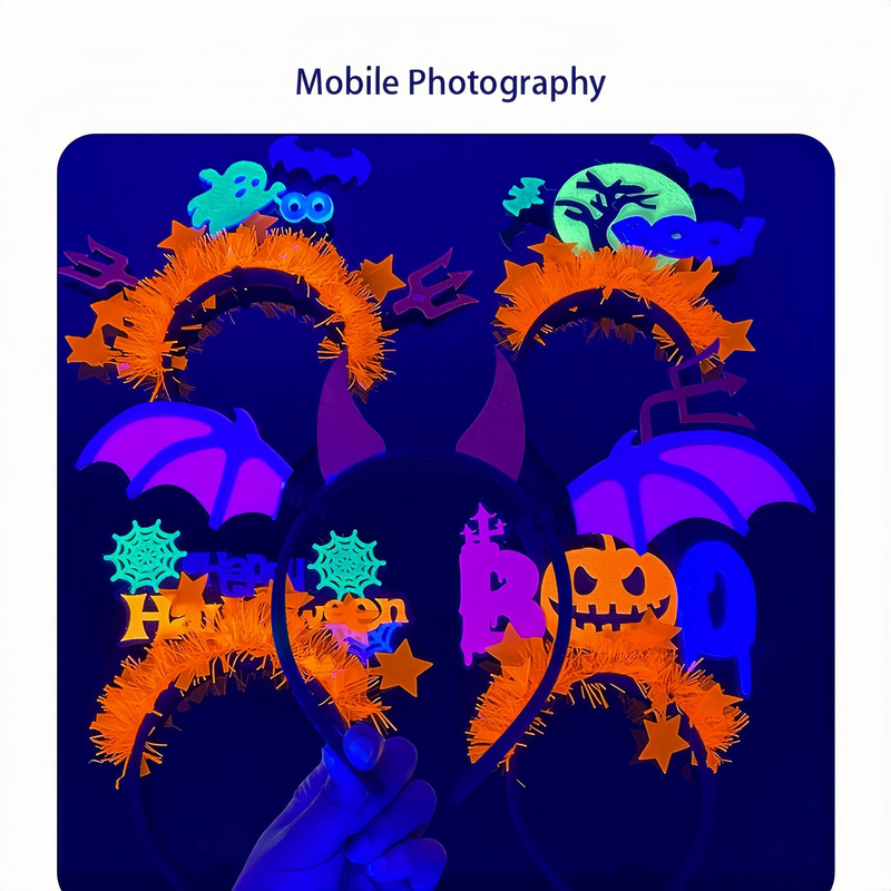 Bandeaux d'Halloween phosphorescents - Barrettes à cheveux en forme de chauve-souris et citrouilles fluo arc-en-ciel, accessoires de fête doux non tissés_voghion.com