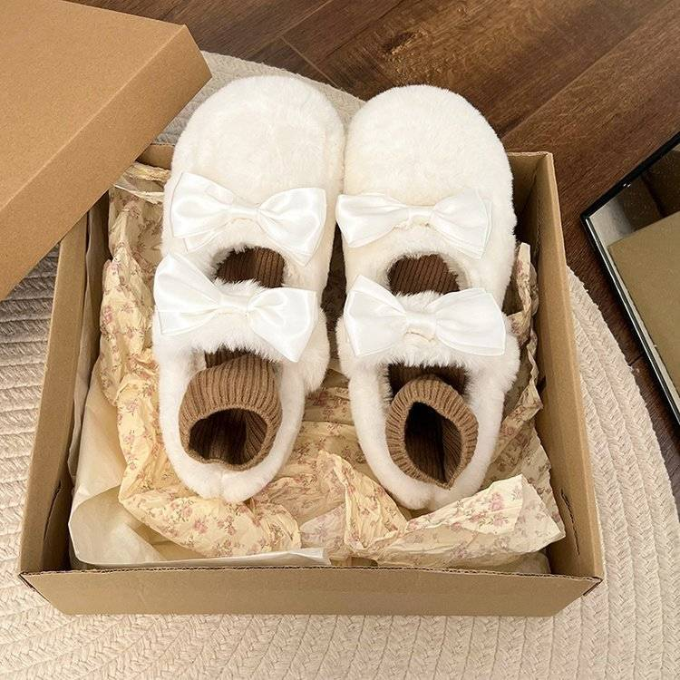 Nuove scarpe da donna autunno/inverno 2025.1 con doppio fiocco e scarpe in cotone felpato, senza calzini_voghion.com
