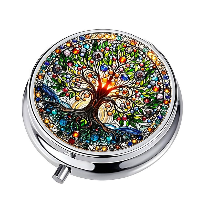 1pc "Money Tree" Mini Round Pill Box With 3 Compartments, Portable Metal Storage Organizer For Travel, Pockets & Purses - Unique Party Gift_voghion.com