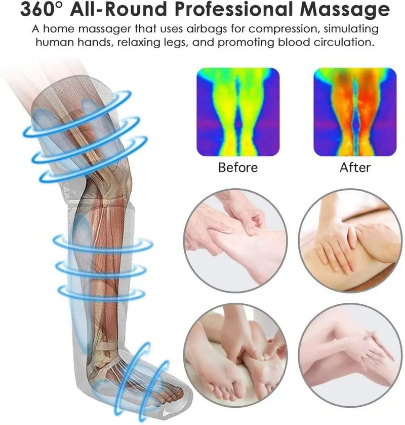 Masseur de jambes à compression d'air avec chaleur et vibrations - 3 modes, thérapie infrarouge, intensité réglable pour soulager les douleurs aux genoux et aux mollets_voghion.com