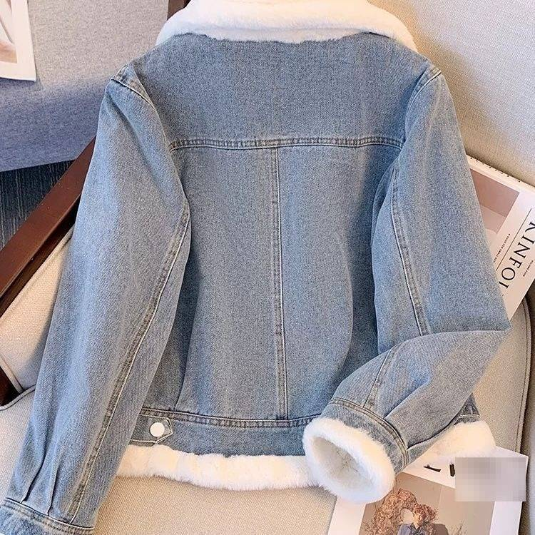 Women's Fleece-Lined Denim Jacket - Winter Short Coat, Oversized Fit, Warm & Stylish For Petite To Plus Size (White, Grey)_voghion.com