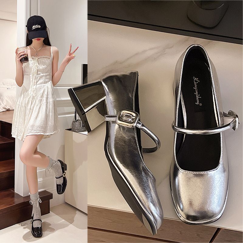 Scarpe Mary Jane con tacco medio, stile principessa francese, argento, tacco grosso, impermeabili, scarpe singole da donna, piccole scarpe argentate_voghion.com